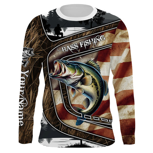 Maxcorners Custom American Flag patriotic Bass Fishing Jerseys, Personalized camo Bass fishing Long sleeve shirts LM0201