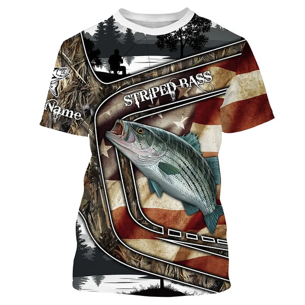 Maxcorners American Flag Patriotic Striped Bass Fishing 3D Shirts Customize Name