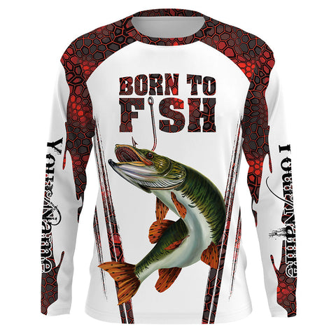 MaxCorners "Born To Fish" Musky Fishing Red Camo Customized Name 3D Long Sleeve Shirt