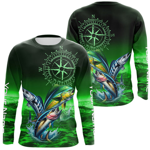 Maxcorners Personalized Mahi Mahi, Wahoo, Tuna Green Performance Fishing Shirt,compass offshore tournament Shirt MT2108