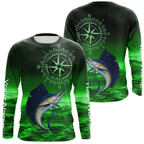 Maxcorners Personalized Sailfish Green Performance Fishing Shirts, compass Sailfish fishing tournament Shirts MT2108