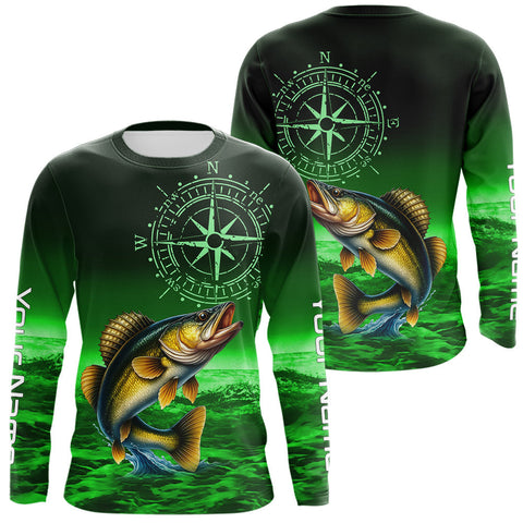 Maxcorners Personalized Walleye Green Performance Fishing Shirts, compass Walleye fishing tournament Shirts MT2108