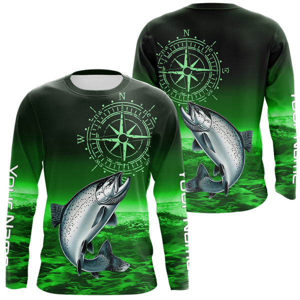 Maxcorners Personalized Salmon Green Performance Fishing Shirts, compass Salmon fishing tournament Shirts MT2108