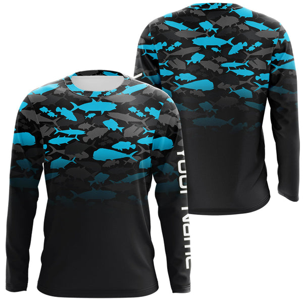 Maxcorners Fishing black and blue camouflage UV long sleeve hooded camo fishing shirts Custom fishing apparel LM0409
