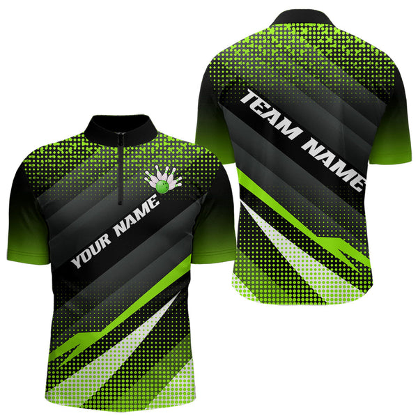 Maxcorners Green Bowling Custom Men Bowling Polo, Quarter zip Shirts Bowling Team Jerseys Bowling Tournament MT0609