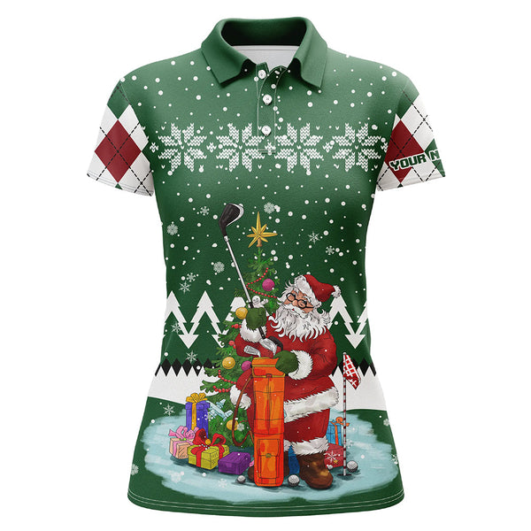 Maxcorners Ugly Christmas Green Argyle Pattern Golf Shirt Custom Womens Polo Shirt Santa Golfer Christmas Gift