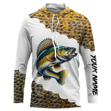 Maxcorners Walleye Fishing Scales Shirts For Men Customize Name Performance Long Sleeve Fishing Apparel