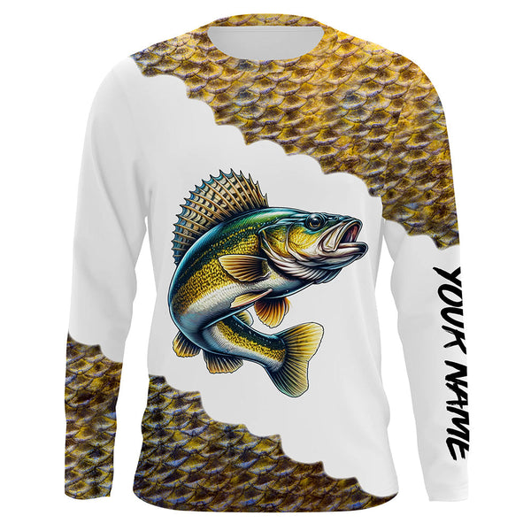 Maxcorners Walleye Fishing Scales Shirts For Men Customize Name Performance Long Sleeve Fishing Apparel