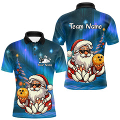 Maxcorners Funny Santa Christmas Bowling Shirts For Men Custom Blue Christmas Night Bowling Team Jersey TU0411