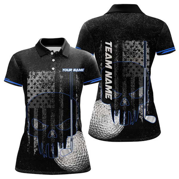 Maxcorners Black & White grunge American Flag Skull Mens golf polo shirts custom golf attire for mens | Blue