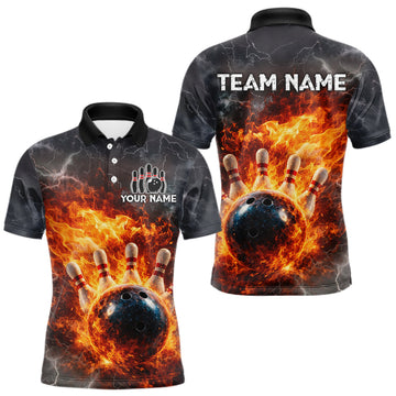 Maxcorners Custom Orange Flame Lightning Thunder Bowling shirts for Men, bowling team jerseys gift for bowlers