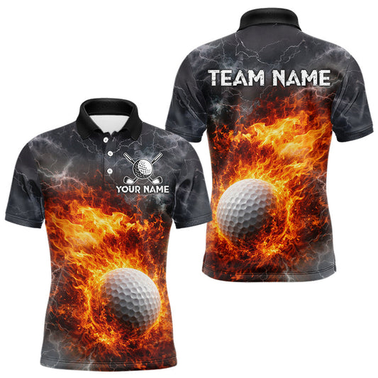 Maxcorners Custom Orange Flame Lightning Thunder Mens Golf Polo Shirt, Golf attire For Men Golfing Gifts
