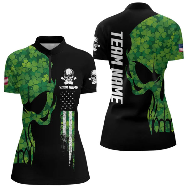 Maxcorners Skull Green Clover pattern American Flag Mens Bowling Shirt Custom St Patrick Day Bowling Team Jersey