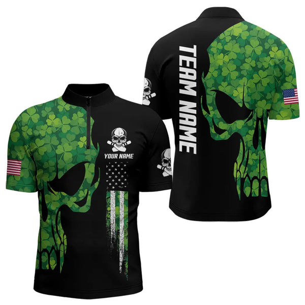 Maxcorners Skull Green Clover pattern American Flag Mens Bowling Shirt Custom St Patrick Day Bowling Team Jersey