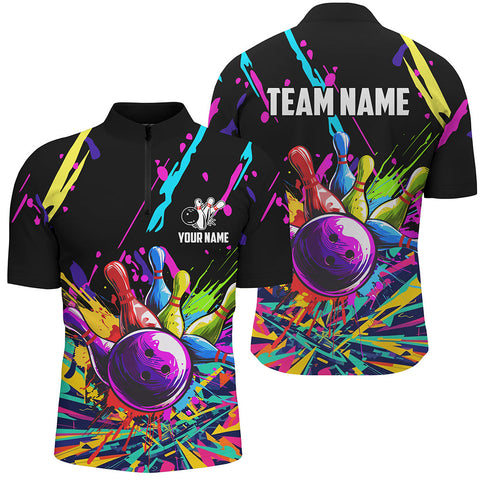 MaxCorners Bowling And Pins Colorful Bowling Jerseys Customized Name, Team Name 3D Stand Collar Zipper Polo Shirt For Men