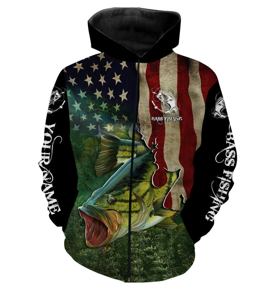 Maxcorners Largemouth Bass Fishing American Flag Patriotic Customize Name 3D Shirts