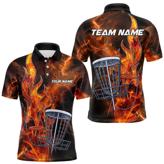 Maxcorners Orange Flame Lightning Thunder Disc golf polo shirts For Men Custom Team disc golf outfits LM0404