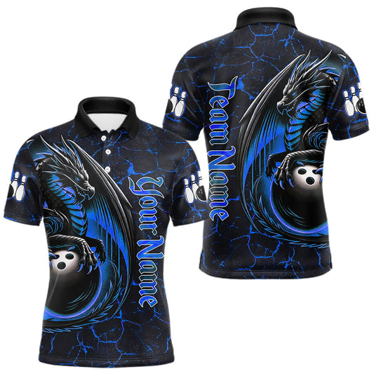 Maxcorners Black And Blue Custom Dragon Bowling Shirts For Men, Dragon Bowling Team Shirts