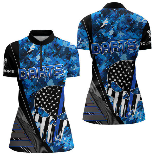 Maxcorners Black And White American Flag Skull Darts Blue Camo Darts Shirts For Men Custom Team Darts Jersey 