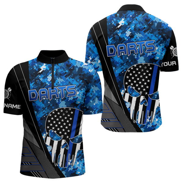 Maxcorners Black And White American Flag Skull Darts Blue Camo Darts Shirts For Men Custom Team Darts Jersey 