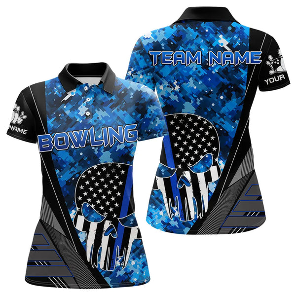 Maxcorners Black And White American Flag Skull Blue Camo Bowling Shirts For Men Custom Team Bowling Jerseys 