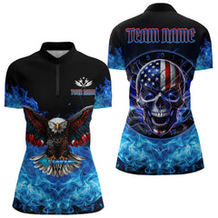 Maxcorners Blue Flame Smoke American Flag Eagle Skull Darts Polo, 1/4 Zip Shirts For Men Custom Darts Team Jersey