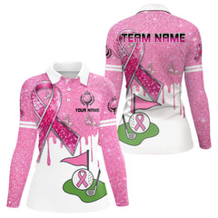 Maxcorners Pink ribbon glitter Golf Polo Shirts For Men Custom team golf jerseys, breast cancer golf shirts