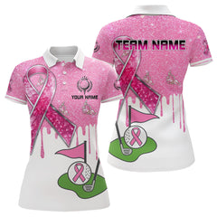 Maxcorners Pink ribbon glitter Golf Polo Shirts For Men Custom team golf jerseys, breast cancer golf shirts