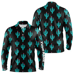 Maxcorners Personalized black and green cactus flower pattern mens golf polo shirts custom cactus golf shirts