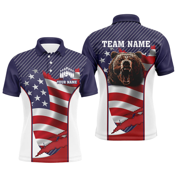 MaxCorners Bowling And Pins American Flag Bear Customized Name 3D Polo Shirt Unisex