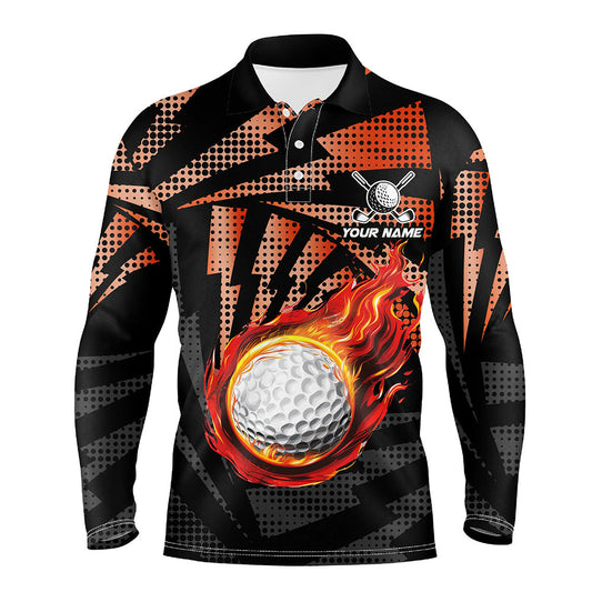 Maxcorners Golf Black Orange Camo Flame  Customized Name 3D Polo Shirt Unisex