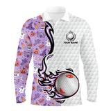 Maxcorners Funny purple Halloween pattern flame golf ball Men golf polo shirts custom Halloween golf shirts