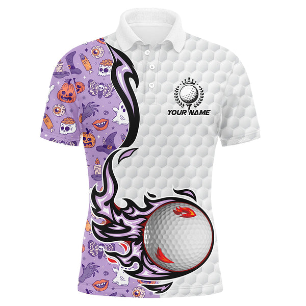 Maxcorners Funny purple Halloween pattern flame golf ball Men golf polo shirts custom Halloween golf shirts