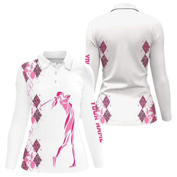 Maxcorners Pink Leopard argyle pattern white Men golf polo shirts custom golf wear for men, unique golf gifts