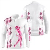 Maxcorners Pink Leopard argyle pattern white Men golf polo shirts custom golf wear for men, unique golf gifts