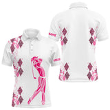 Maxcorners Pink Leopard argyle pattern white Men golf polo shirts custom golf wear for men, unique golf gifts