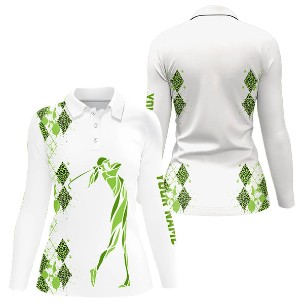 Maxcorners Green Leopard argyle pattern matching golf shirt for couples custom his and hers matching golf outfits