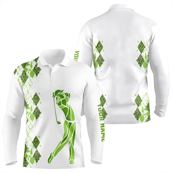 Maxcorners Green Leopard argyle pattern matching golf shirt for couples custom his and hers matching golf outfits