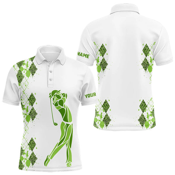 Maxcorners Green Leopard argyle pattern matching golf shirt for couples custom his and hers matching golf outfits