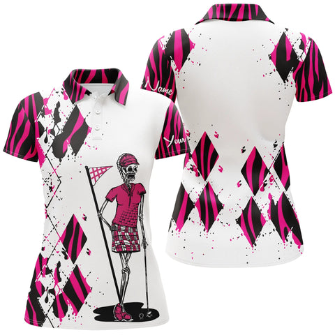 Max Corners Golf Skull Pink Zebra Pattern Customized Name 3D Golf Polo Shirt For Women