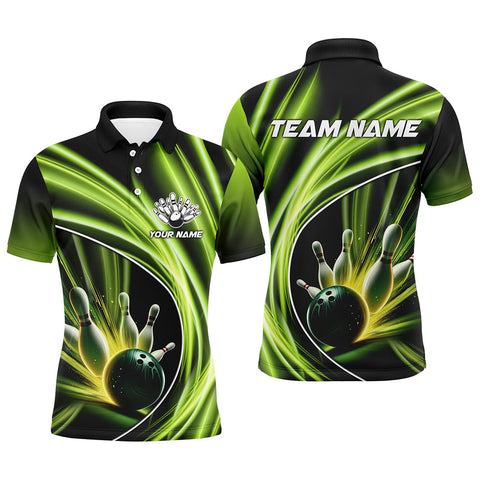 MaxCorners Bowling And Pins Green Light Customized Name, Team Name 3D Polo Shirt For Men