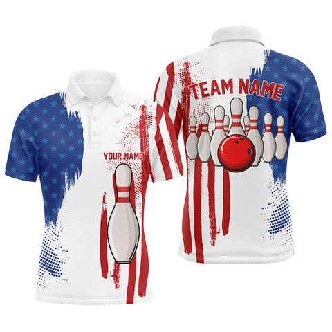 MaxCorners Bowling And Pins Red White And Blue American Flag  Customized Name, Team Name 3D Polo Shirt For Men