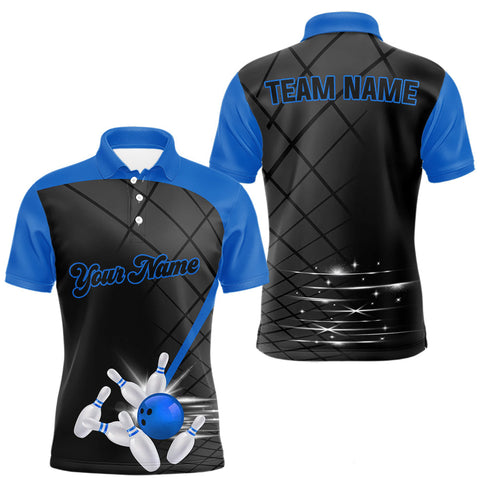 Maxcorners Black and blue bowling league jersey custom Mens Bowling Polo, 1/4 zip Shirt, gifts for men bowler TU1906