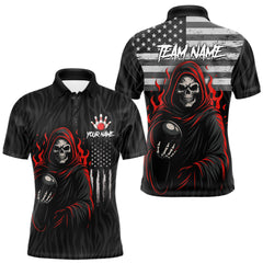 Maxcorners Black & White Camo American Flag Red Flame Skull Reaper Mens Bowling Shirt Custom Team Bowling Jersey LM1610