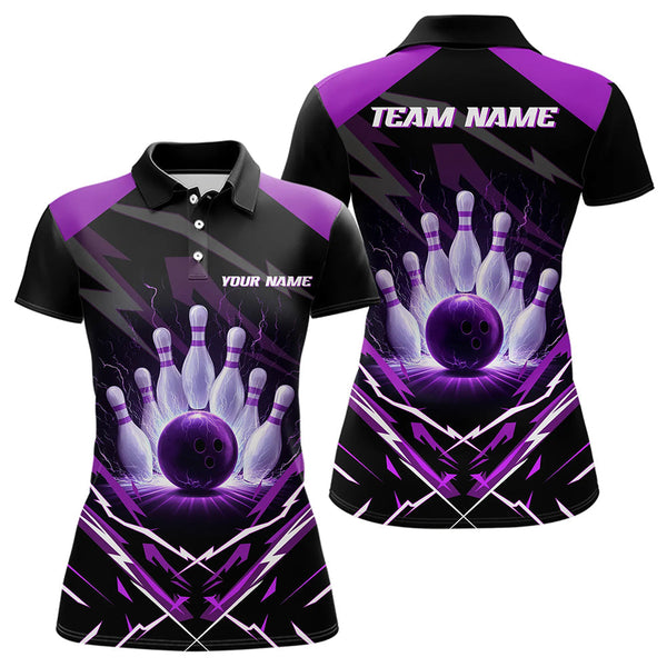 Maxcorners Black and Purple Lightning thunder Bowling Polo, Quarter Zip shirts for Men Custom Bowling Team Jersey