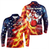 Maxcorners Flame American Flag Bowling Polo, Quarter Zip shirts for Men Custom Patriotic Team Bowling Jersey