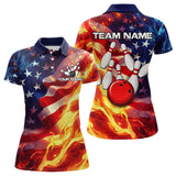 Maxcorners Flame American Flag Bowling Polo, Quarter Zip shirts for Men Custom Patriotic Team Bowling Jersey