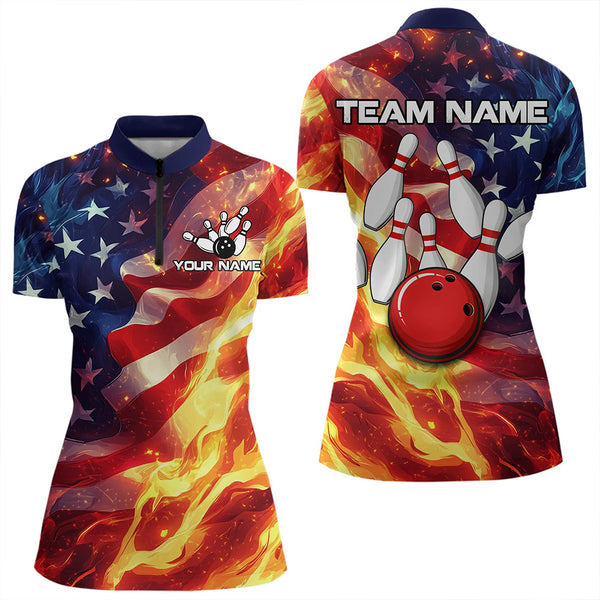 Maxcorners Flame American Flag Bowling Polo, Quarter Zip shirts for Men Custom Patriotic Team Bowling Jersey