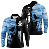 Maxcorners Blue Camo Skull American Flag Mens Bowling Shirts Custom Patriotic Bowling Team Jerseys For Men And Women