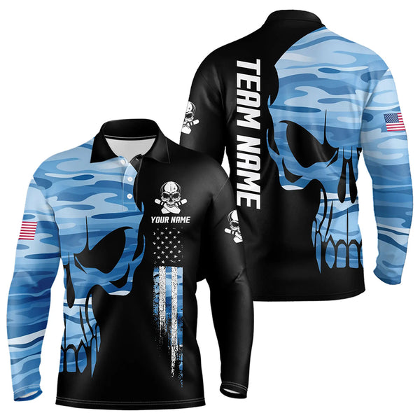 Maxcorners Blue Camo Skull American Flag Mens Bowling Shirts Custom Patriotic Bowling Team Jerseys For Men And Women